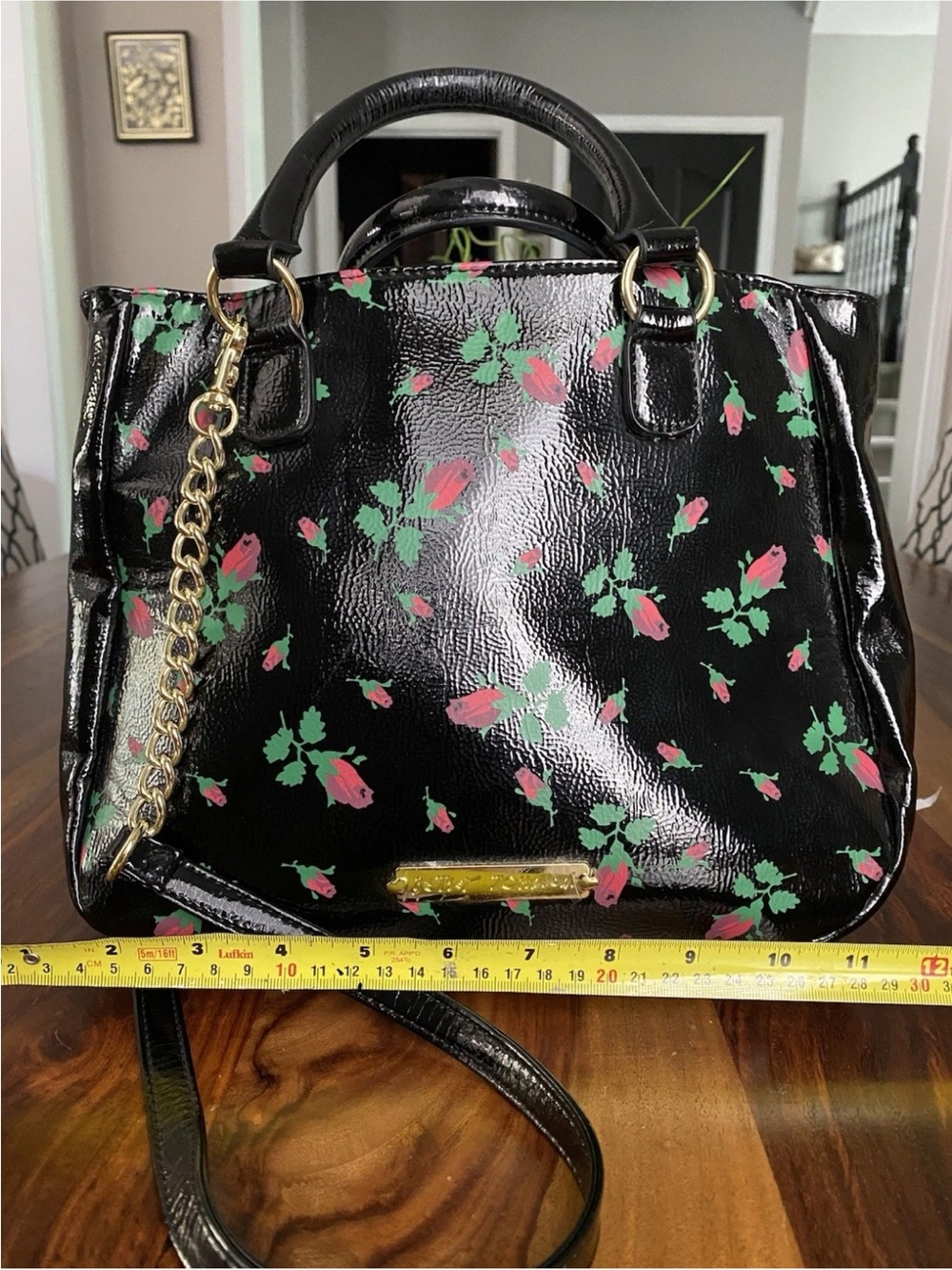 Black Floral Patent Satchel Handbag with Gold Chain Accent Betsy Johnson